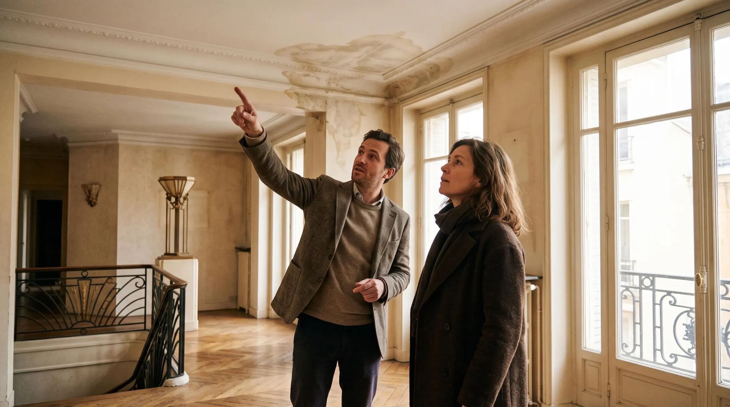 Un agent immobilier montrant une trace d'humidité au plafond à une acheteuse lors de la visite d'une maison de ville.