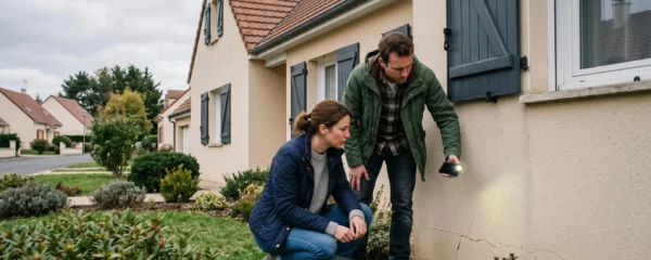 Un couple inspectant la façade et les fondations d'une maison individuelle à vendre dans un quartier résidentiel français.
