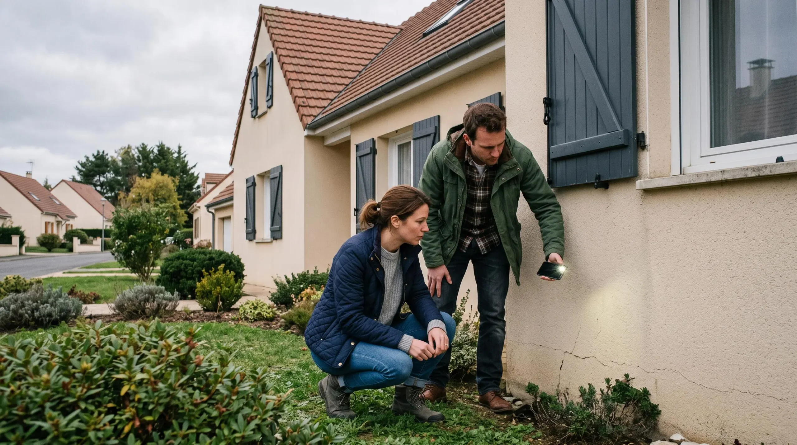 Un couple inspectant la façade et les fondations d'une maison individuelle à vendre dans un quartier résidentiel français.